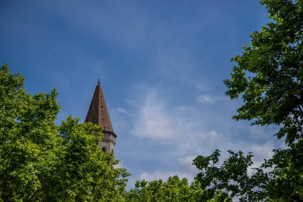 Ağaçlarla çerçevelenmiş mavi yaz gökyüzüne ve kilise kulesinin bir kısmına bak.