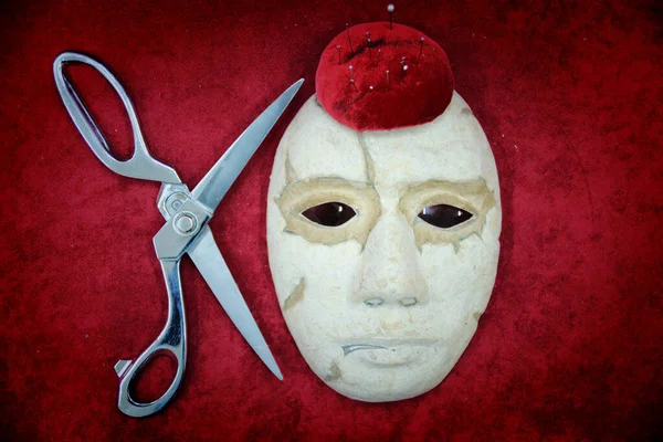 Paper Theater Mask Lies Red Background Scissors — Stock Photo, Image