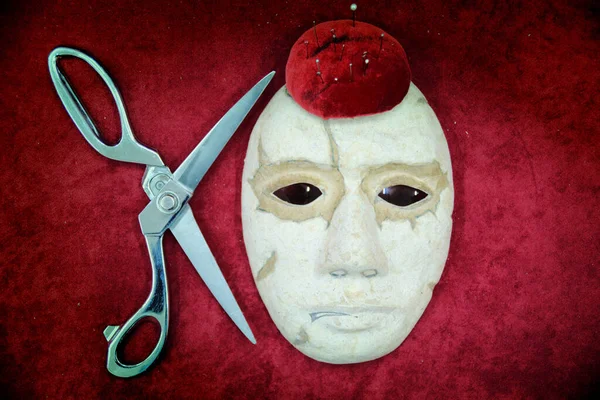 Paper Theater Mask Lies Red Background Scissors — Stock Photo, Image