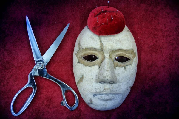 Paper Theater Mask Lies Red Background Scissors — Stock Photo, Image