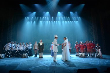 Barnaul, Rusya-27 Eylül 2020. Tiyatronun oyuncuları 