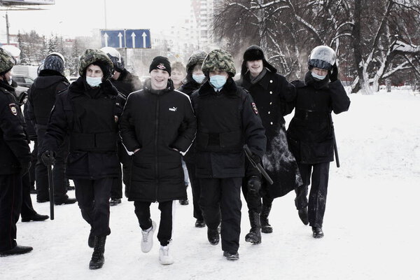 Barnaul, Russia-January 23, 2021. Crackdown on demonstrations in support of opposition politician Alexei Navalny