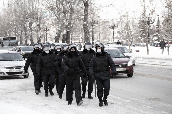 Barnaul, Russia-January 23, 2021. Crackdown on demonstrations in support of opposition politician Alexei Navalny