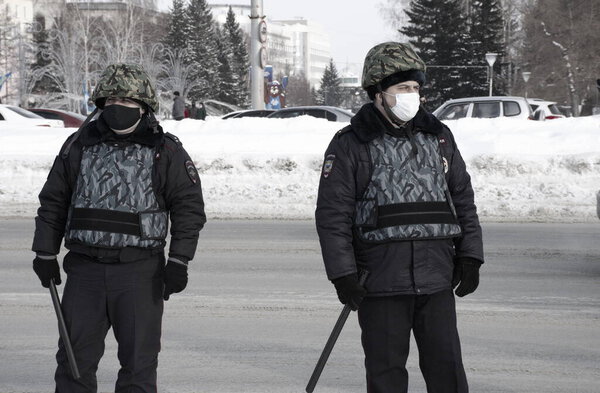 Barnaul, Russia-January 23, 2021. Crackdown on demonstrations in support of opposition politician Alexei Navalny