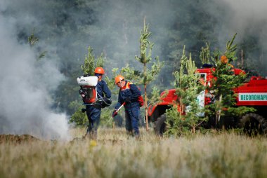 Barnaul, Rusya - 23 Ağustos 2021. İtfaiyeciler bir yaz günü koruma alanındaki bir orman yangınını söndürürler.