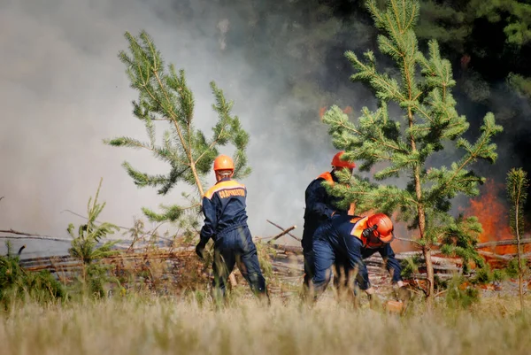 Firefighters Inscription Russian Emercom Russia Extinguish Forest Fire Reserve Summer — Stock Photo, Image