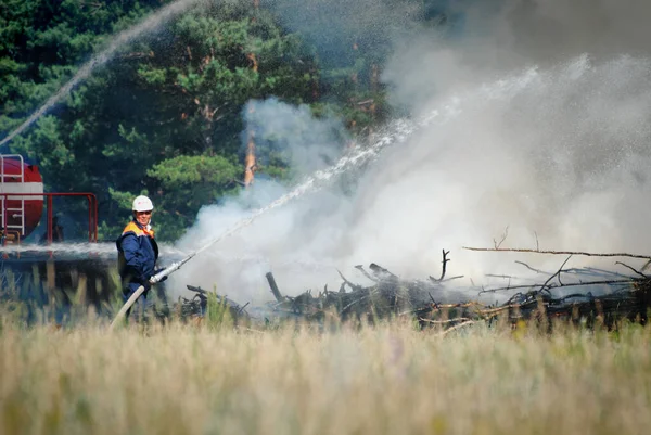 Barnaul Rusia Agosto 2021 Bomberos Apagan Incendio Forestal Reserva Día — Foto de Stock