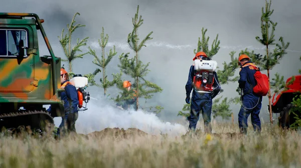 Palomiehet Joilla Merkintä Venäjäksi Emercom Russia Sammuttavat Metsäpalon Reservissä Kesäpäivänä — kuvapankkivalokuva