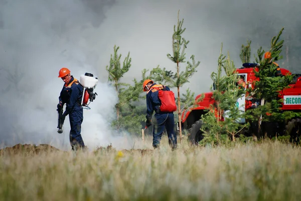 Barnaul Venäjä Elokuuta 2021 Palomiehet Sammuttavat Metsäpalon Reservissä Kesäpäivänä — kuvapankkivalokuva