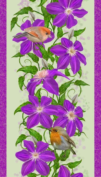 Borde floral vertical, patrón, flores clematis púrpura sin costuras — Foto de Stock