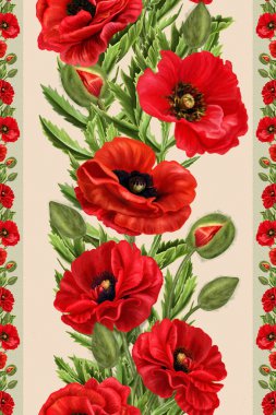 dikey çiçek sınır kırmızı haşhaş çiçekler, desen, dikişsiz