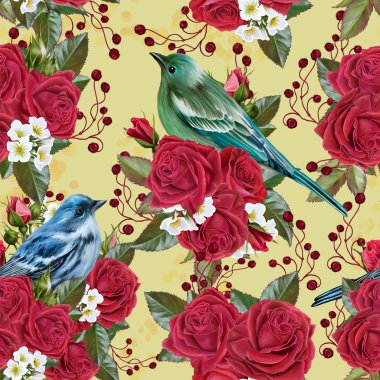 Yeşil yaprakları, mavi kuş ve çiçek desenli kırmızı gül