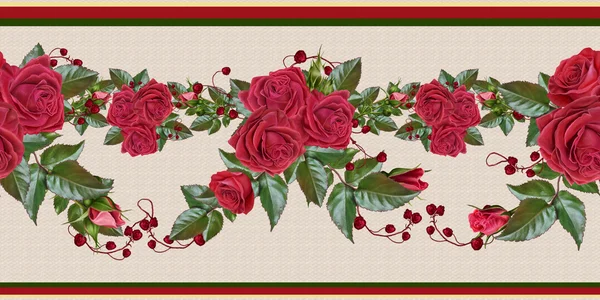 ดอกไม้ขอบแนวนอน ดอกกุหลาบ ใบสีแดงและสีเขียว ไม่มีรอยต่อ — ภาพถ่ายสต็อก