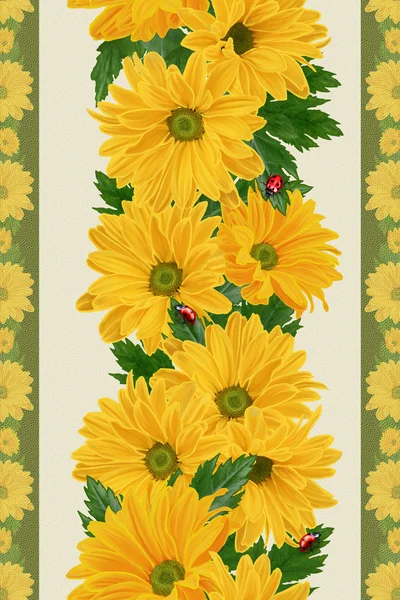 Borda floral vertical, padrão, sem costura, flores de crisântemo amarelo, joaninhas — Fotografia de Stock