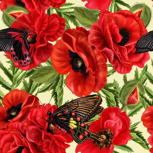 Çiçek desen dikişsiz kırmızı çiçekler haşhaş, büyük siyah kelebek