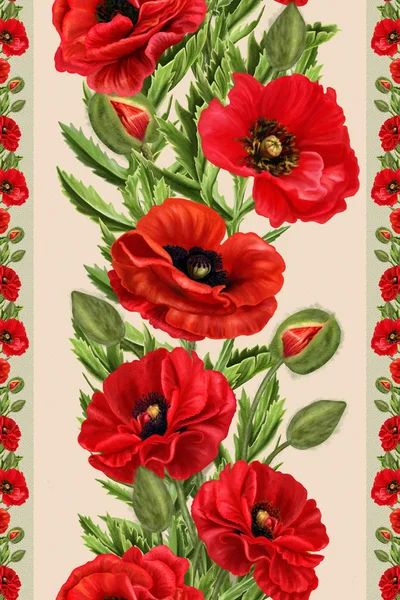 Bordure florale verticale fleurs de coquelicots rouges, motif, sans couture — Photo