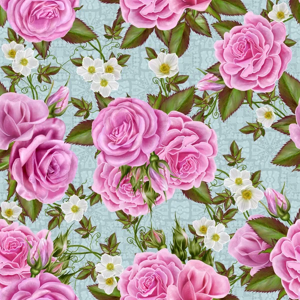 Floral pattern, seamless, flowers roses pink, white flowers anemones — Stock Photo, Image