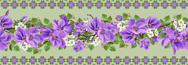 Bordo floreale orizzontale, motivo, senza cuciture, fiori di primavera viola, anemoni bianchi — Foto Stock