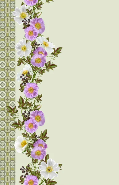 Borda floral vertical rosa rosa selvagem, folhas verdes, padrão, sem costura, fundo floral — Fotografia de Stock