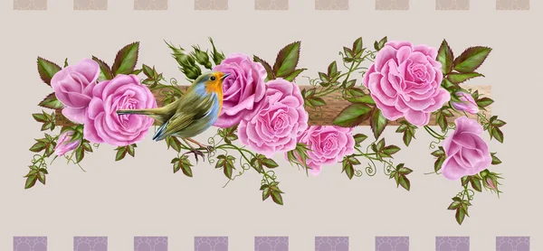 Composition of pink roses, white flowers anemones, green leaves, bright little bird on a wooden background texture — Stock Photo, Image