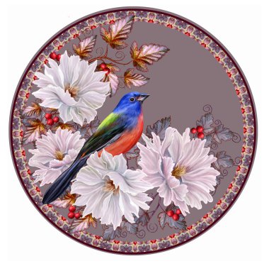 Beyaz mahsul çiçekler, mavi kuş, yeşillik, kırmızı böğürtlen. Bir daire. Yuvarlak şekil, resim..