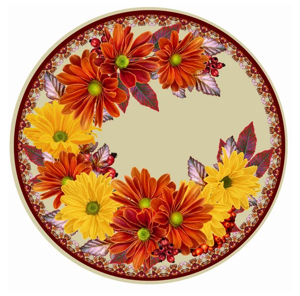 Fiori di crisantemo. La composizione dei crisantemi arancioni e gialli. Autunno foglie colorate, cerchio, forma rotonda . — Foto Stock