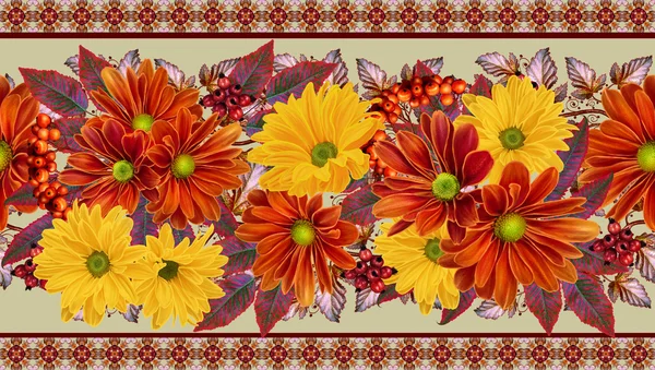 Horizontal floral border. Pattern, seamless. Chrysanthemum flowers. The composition of orange and yellow chrysanthemums. Autumn colorful leaves.