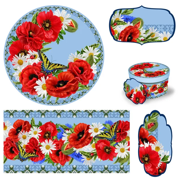 Red flowers poppies, white daisies, butterfly. Set for packaging. Box round. Label.decoupage. Floral background. Flower border. Pattern. Mosaic. — Stockfoto