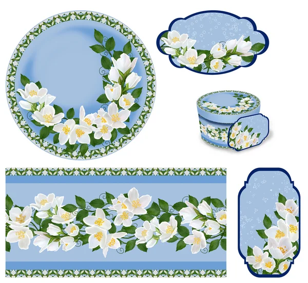 Set für Verpackungen. Box-Runde. label.decoupage. Floraler Hintergrund. Blumenkranz. Muster. Mosaik. Zweig eines blühenden weißen Jasmins im Frühling. — Stockfoto