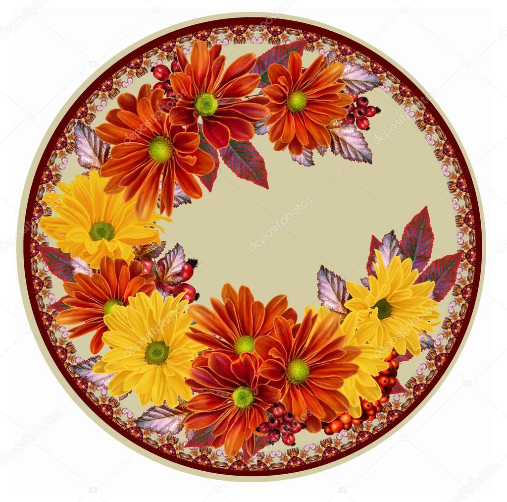 Chrysanthemum flowers. The composition of orange and yellow chrysanthemums. Autumn colorful leaves, circle, round shape.