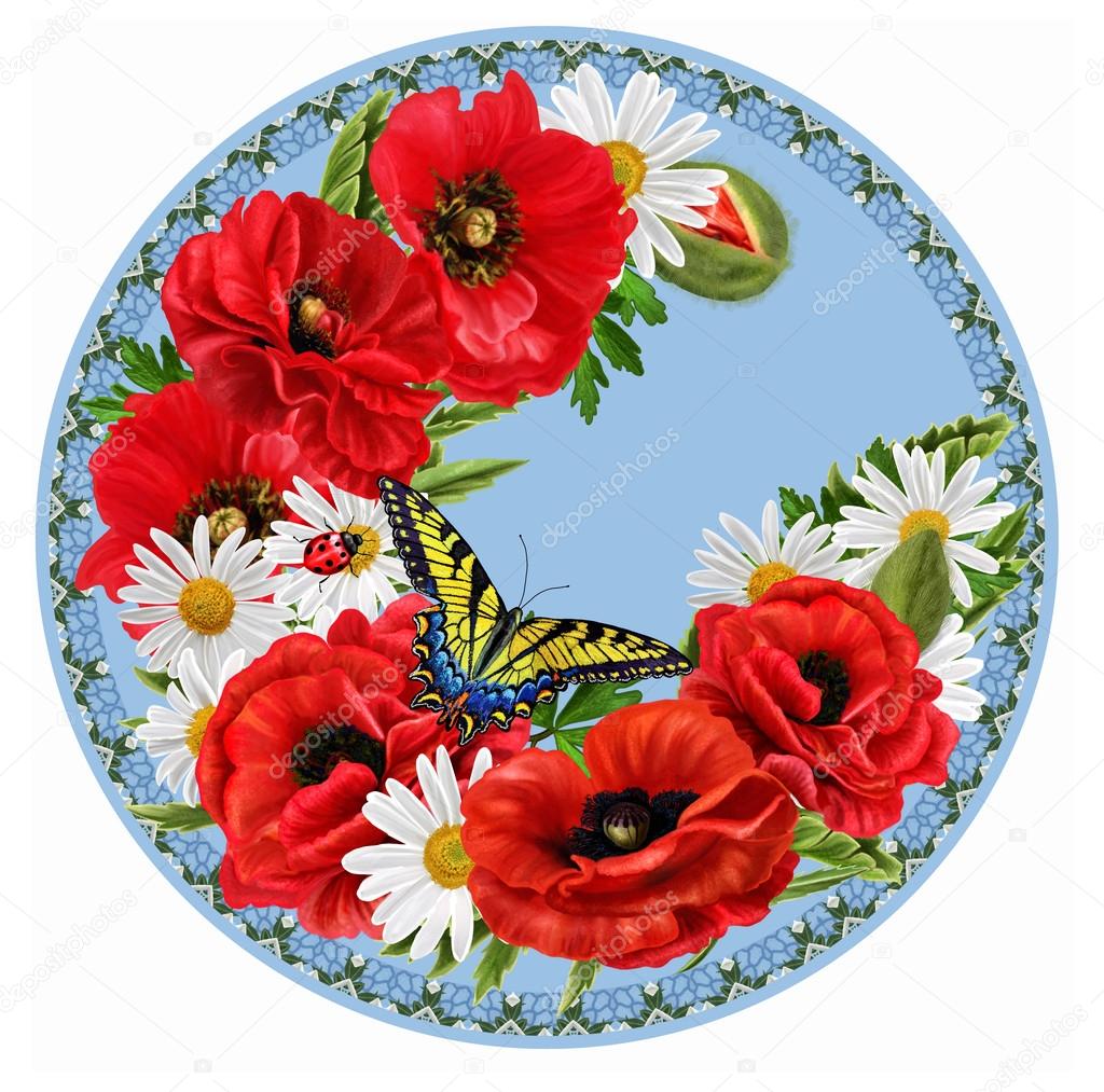 Red flowers poppies, white daisies, butterfly. circle. Round shape. Painting.