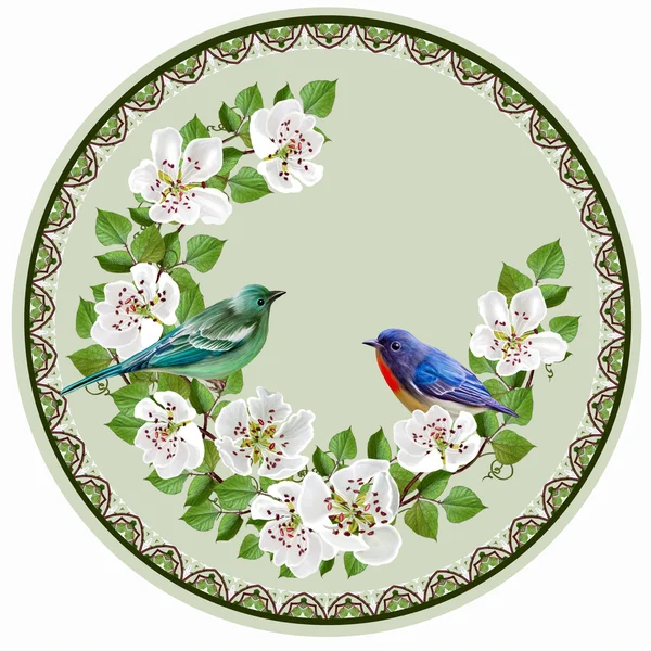 Grenen av en blommande päron. Vita blommor. Blommande träd. Runda form, cirkel, målning. Blomma mönster. Blue Bird. — Stockfoto