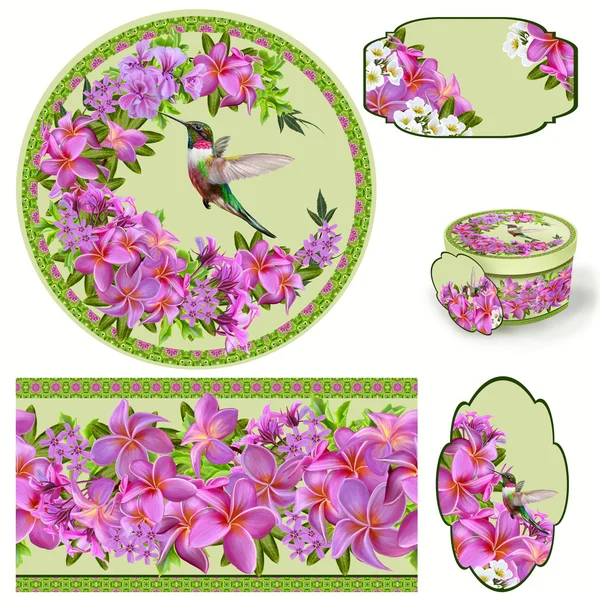 Set pentru ambalare. Cutie rotundă. Etichetă: decupaj Fundal floral. Frontieră de flori. Modelul. Mozaic. plumerie roz, floare exotică tropicală, o pasăre mică a colibrului . — Fotografie, imagine de stoc