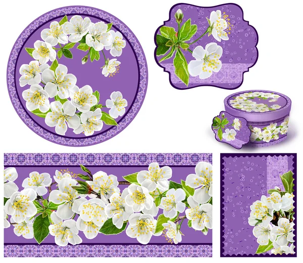 Set für Verpackungen. Box-Runde. label.decoupage. Floraler Hintergrund. Blumenkranz. Muster. Mosaik. Blütenkirsche. — Stockfoto