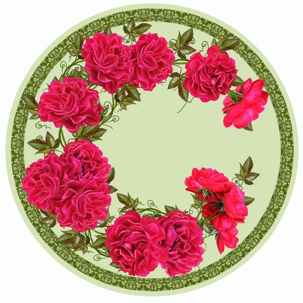 Květiny v kruhu. Kulatý tvar. Kulaté květinové pozadí. Větev červených Pnoucí růže — Stock fotografie