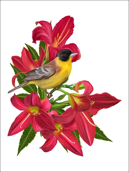 Композиция желтой птички, сидящей на ветке цветов красных лилий — стоковый вектор