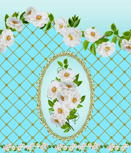Horizontale bloemen rand. Patroon, naadloos. Boeket van witte rozen in een gouden frame. Bloem slingers. Florale achtergrond. — Stockfoto