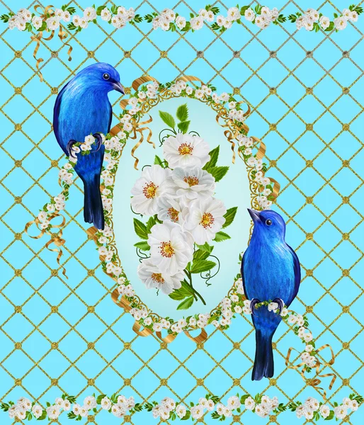 Two blue birds on the background of a bouquet of white roses. Flower garland. Floral background