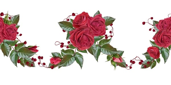 Horizontal floral border. Pattern, seamless. Roses are red. Garland. Isolated. — Stock Photo, Image