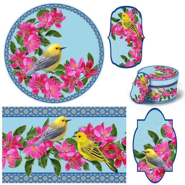 Set voor verpakking. Doos rond. Label. decoupage. Florale achtergrond. Bloem grens. Patroon. Mozaïek. Kleine gele vogel op een tak van appel bloesem rood. — Stockfoto