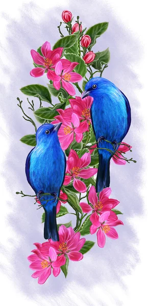 Elma çiçekleri kırmızı cennet bir dalı üzerinde iki mavi kuş — Stok fotoğraf