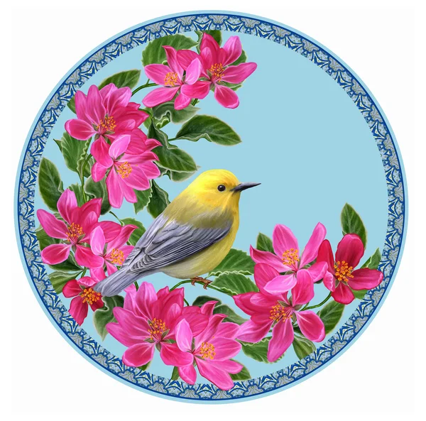 Kleine gele vogel op een tak van appel bloeit in een rode cirkel. Ronde vorm. Schilderij. — Stockfoto