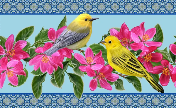 Horisontella blomster gränsen. Mönster, sömlös. Liten gul fågel på en gren av äpple blommor röd. — Stockfoto