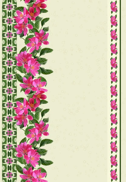 Vertical floral border, pattern, floral background, seamless, branch of red apple blossom — Stock Photo, Image