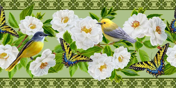 Frontera floral horizontal. Amarillo pájaro pequeño en rama floreciendo rosas blancas — Foto de Stock