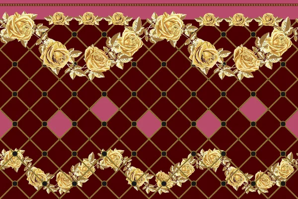 Horizontal flower border, pattern, seamless. Gold garland of roses. — Stock Photo, Image