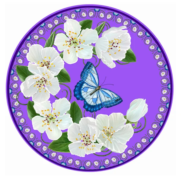 Větev bílých jarních květů a modrý motýl v kruhu. Kulatý tvar. Výtvarné Malování. — Stock fotografie