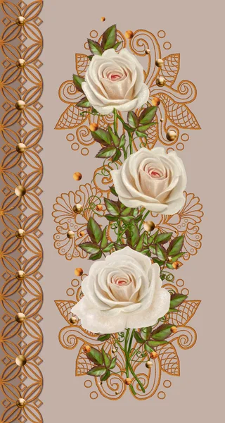 Bouquet colorful roses in a gold frame.Old style. Pastel shades. Floral background. — Stock Photo, Image