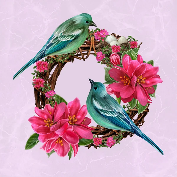 Twee blauwe vogels in de buurt van het nest met eieren op de achtergrond van een rode appel bloesem. Lente de bloei. Weven van twijgen. — Stockfoto