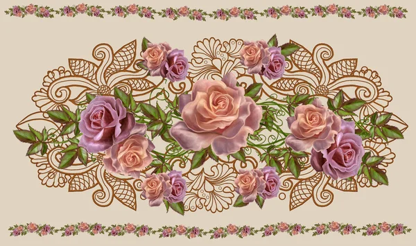 Boeket kleurrijke rozen in een gouden frame. Oude stijl. Pasteltinten. Florale achtergrond. — Stockfoto